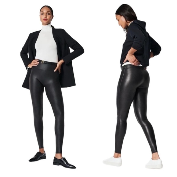 SPANX Faux Leather Leggings Moto Pants Black Metallic Shapewear Womens Medium - Picture 1 of 9